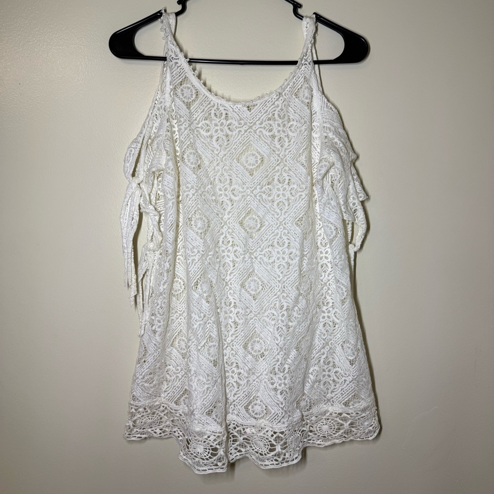 Free People White Lace Blouse with Cold Shoulder Tie Sleeves